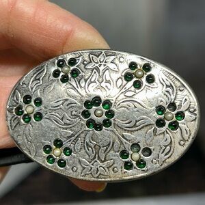 NBEL Vintage Leather Belt Oval Floral Embossed Buckle Made in Italy Sz M-L Black
